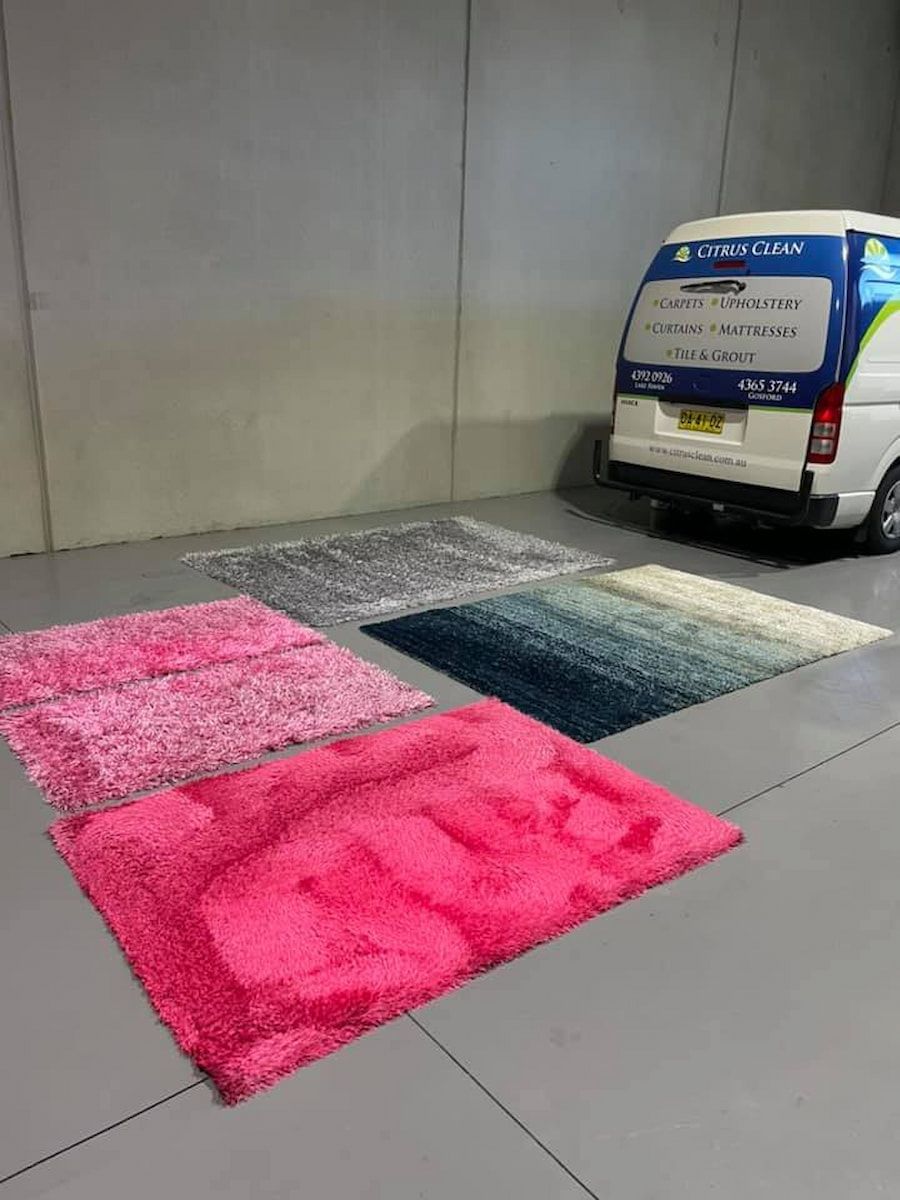 Pink and Grey Floor Mats Beside a White Van in a Garage or Loading Area — Citrus Clean Central Coast in Charmhaven, NSW