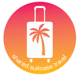 White suitcase with palm tree on gradient orange and pink circle, "shared suitcase travel".