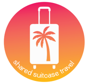 White suitcase with palm tree on gradient orange and pink circle, "shared suitcase travel".