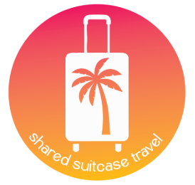 White suitcase with palm tree on gradient orange and pink circle, "shared suitcase travel".