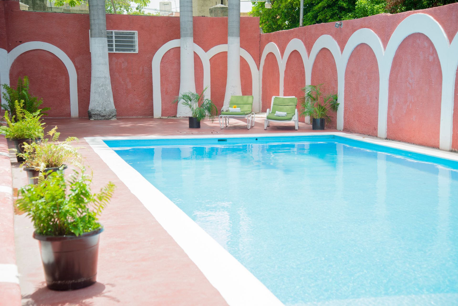 Piscina rodeada de una pared roja con arcos blancos, dos tumbonas verdes y plantas en macetas.
