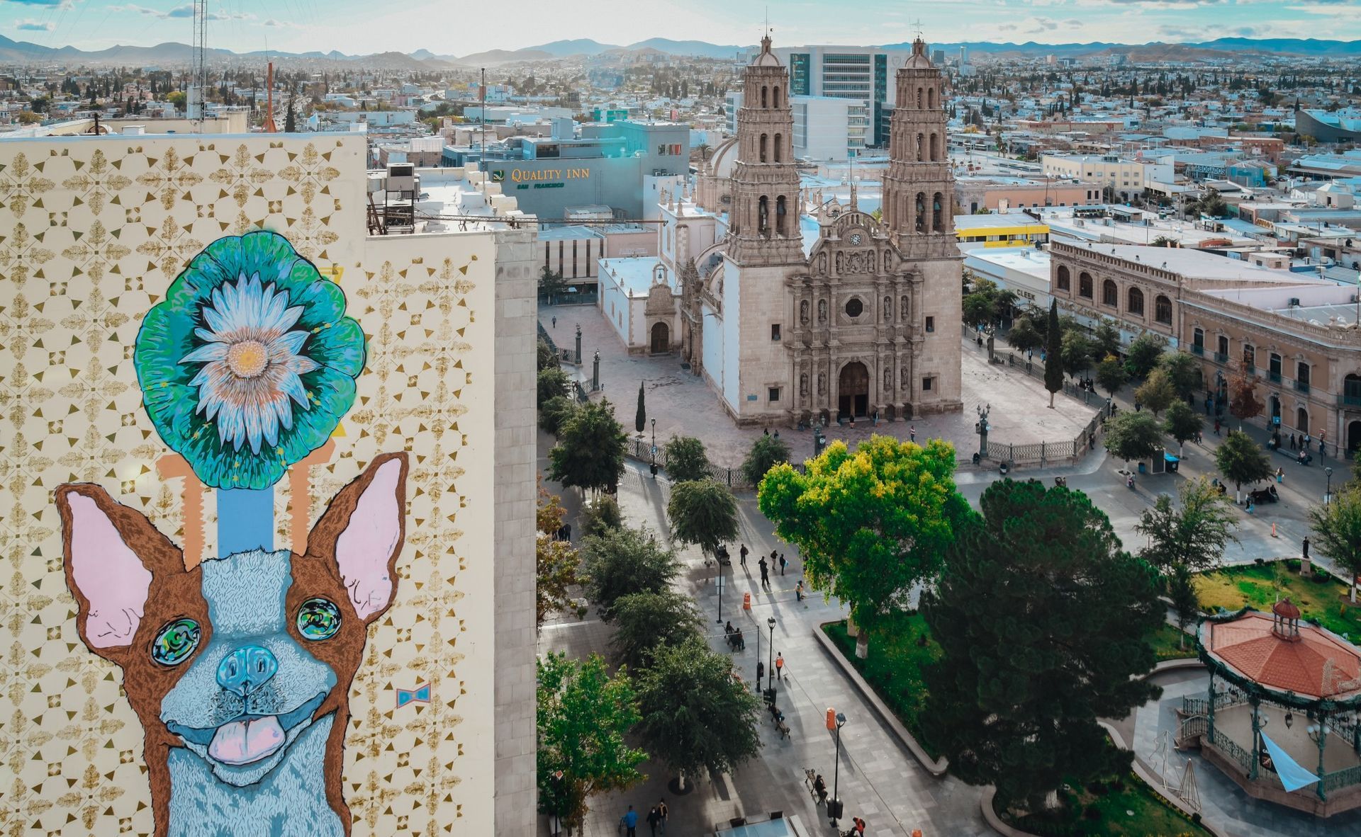 Mural de un perro con una flor, con vistas a una plaza de la ciudad con una catedral.