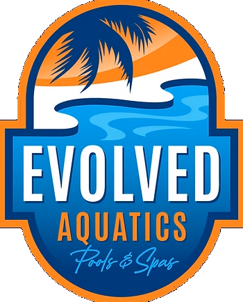 Logo for Evolved Aquatics: Blue, orange, and white; features palm trees, water, and text 