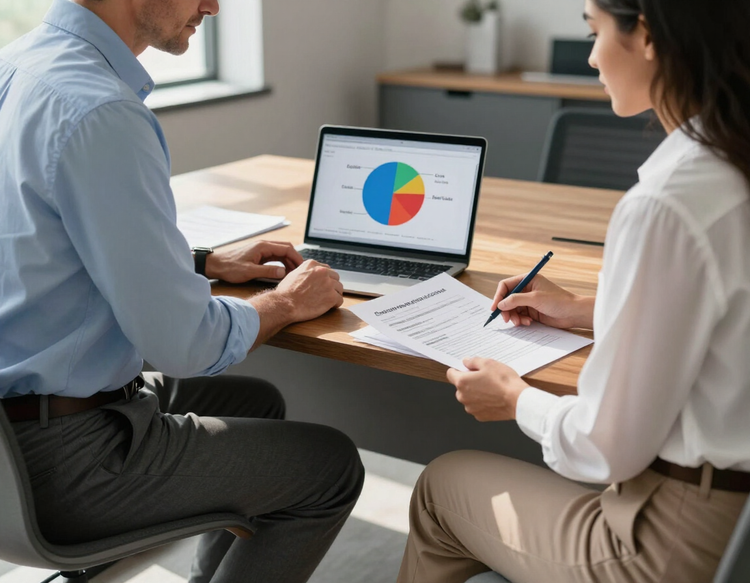 Advisor and client reviewing a portfolio allocation chart