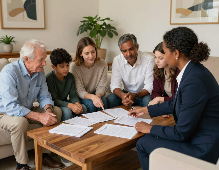 Multigenerational family reviewing documents with an advisor