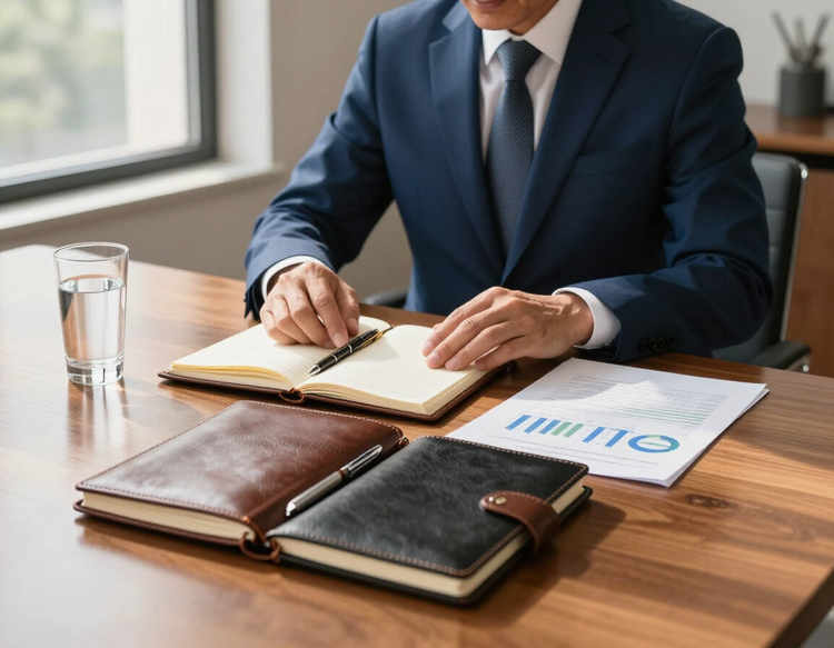 Advisor preparing a meeting table with documents
