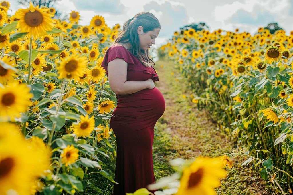 Pregnant person in a burgundy dress standing in a sunflower field, holding their belly