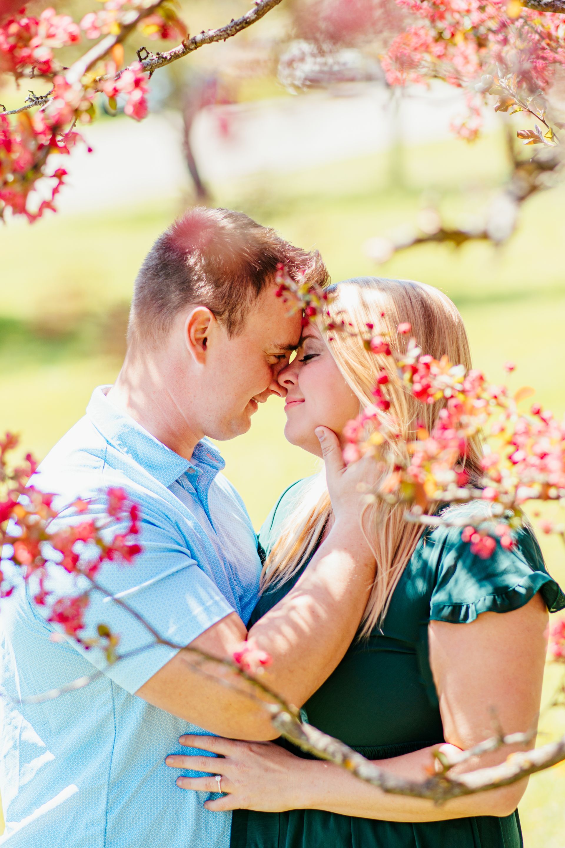 Couple kissing among pink blossoms in a sunlit garden
