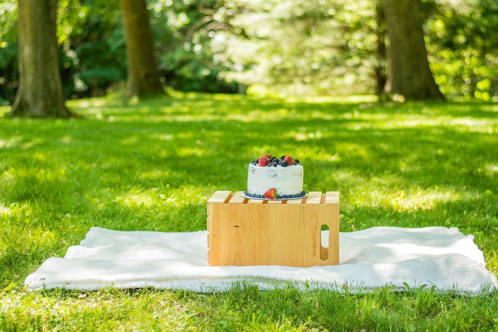 Picnic setup on a white blanket with a small wooden table and a cake in a sunny grassy park
