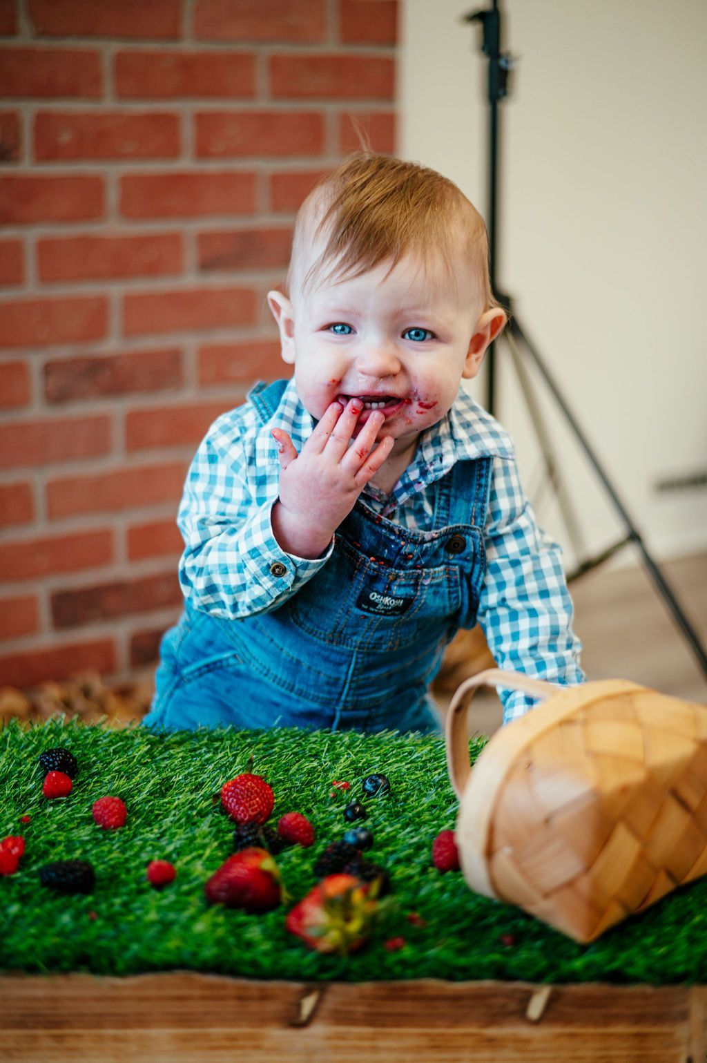 Toddler in blue overalls and plaid shirt crawling on artificial grass with strawberries and a wooden bowl