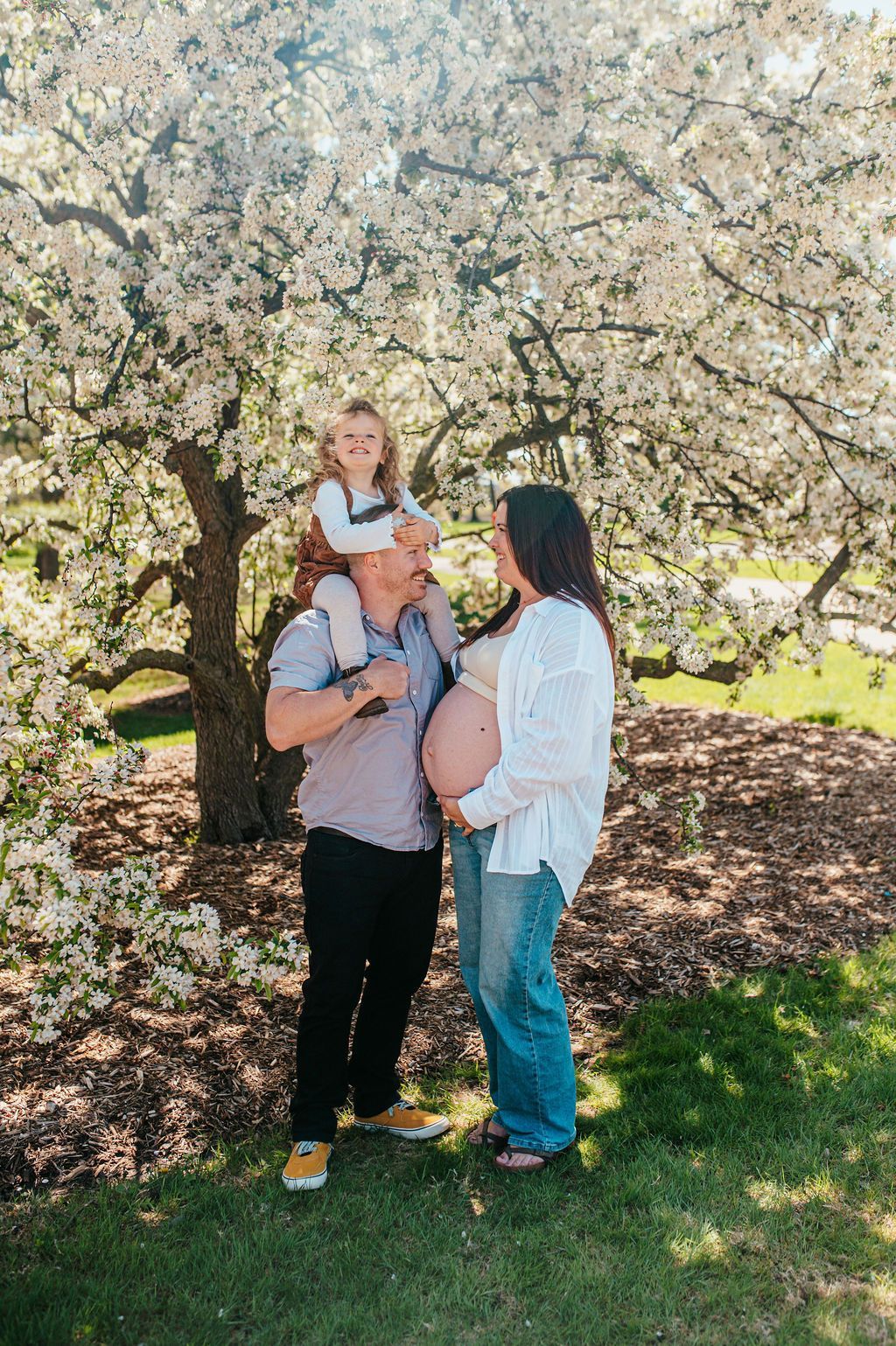 Family standing under a blooming tree in a sunlit park, with a child perched on an adult’s shoulders.