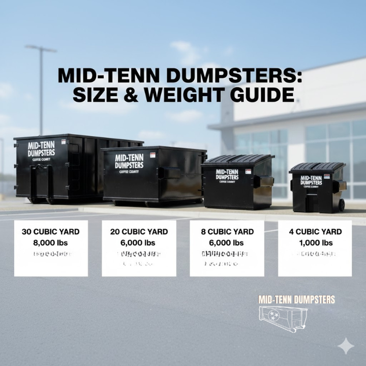 Illustration showing common dumpster sizes, their weight limits, and sample overage fees