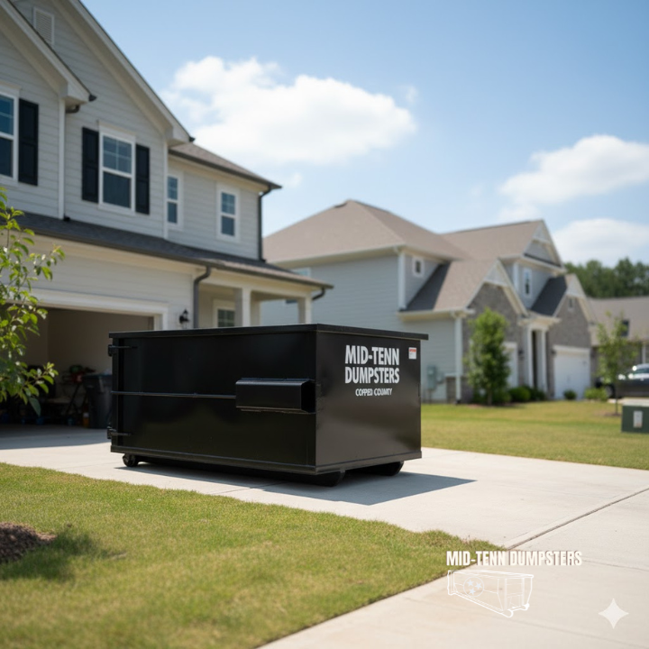 Mid-Tenn Dumpsters container safely placed on a residential neighborhood in their driveway.