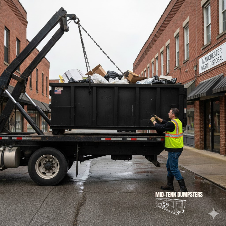 Mid-Tenn Dumpsters container safely positioned on a residential driveway in a suburban subdivision