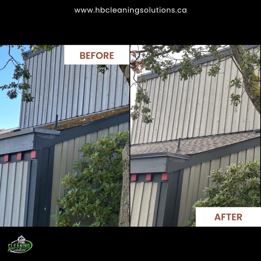 Before-and-after of a cleaned building exterior with white vertical siding and dark trim.