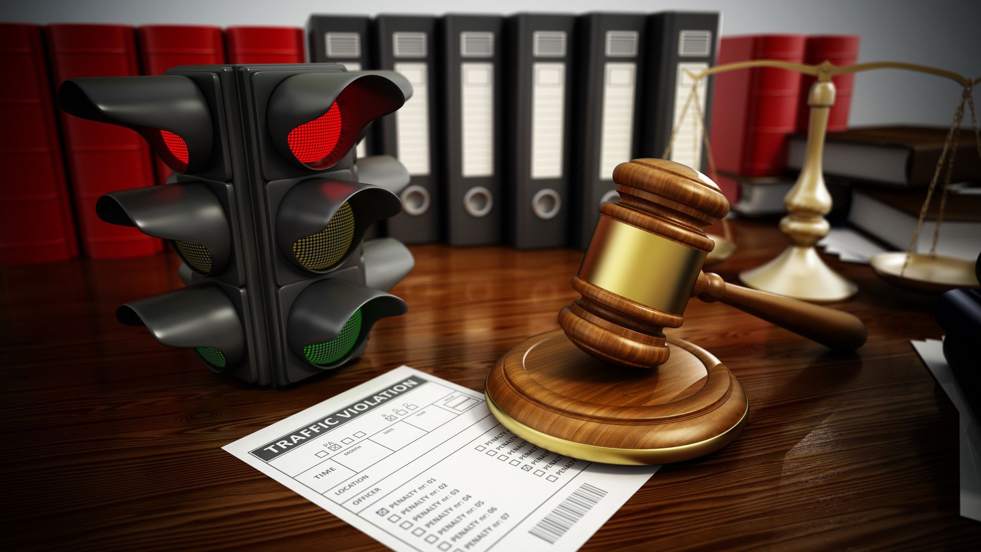 A judge 's gavel is sitting on a piece of paper next to a traffic light.