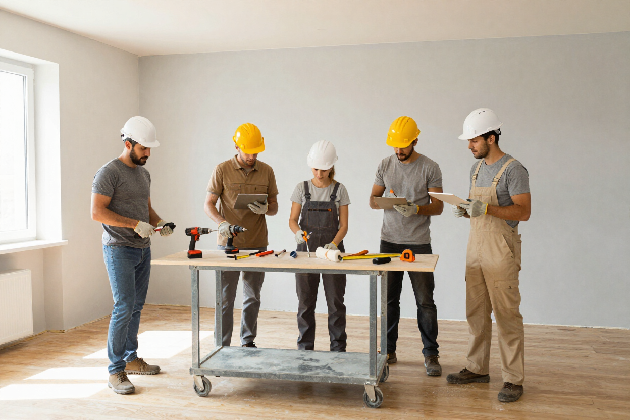 Cinco obreros de la construcción con cascos miden y discuten planos alrededor de una mesa en una habitación luminosa.
