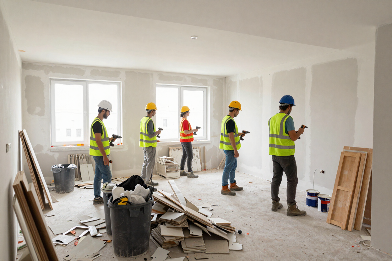 Un equipo de construcción con chalecos amarillos y cascos trabaja en una habitación polvorienta y sin terminar.
