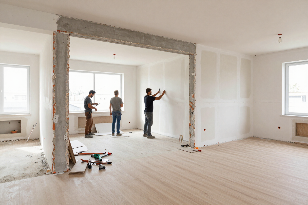 Obreros renovando una habitación luminosa y vacía con paredes sin terminar y herramientas en el suelo.