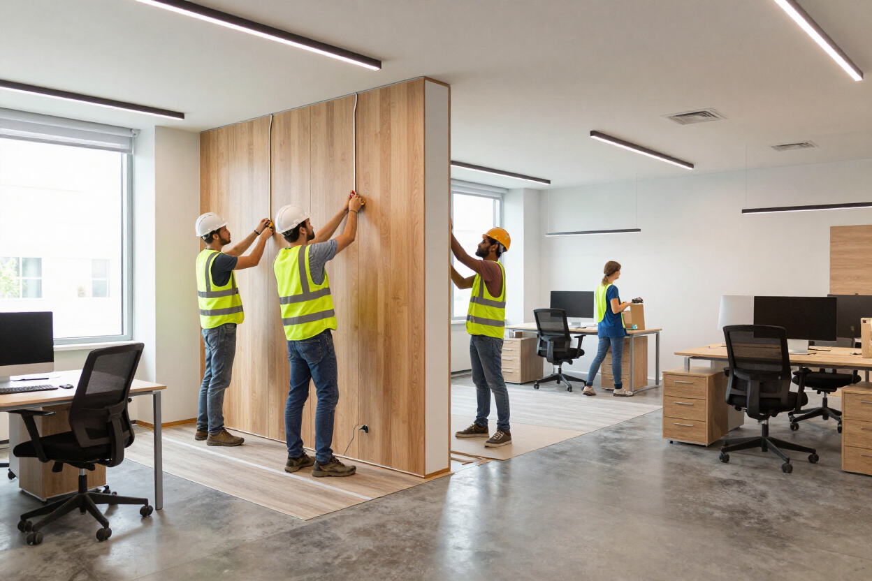 Trabajadores con chalecos amarillos ensamblando una mampara de madera en un espacio de trabajo moderno.