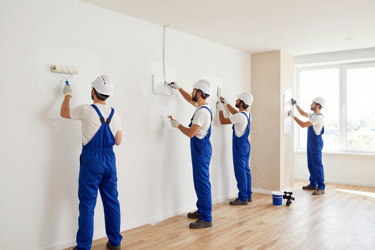 Cuatro pintores con monos azules pintan una pared blanca en una habitación luminosa con suelo de madera.