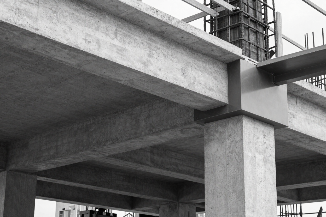 Edificio de hormigón en construcción con vigas y columnas de soporte a la vista, en blanco y negro.