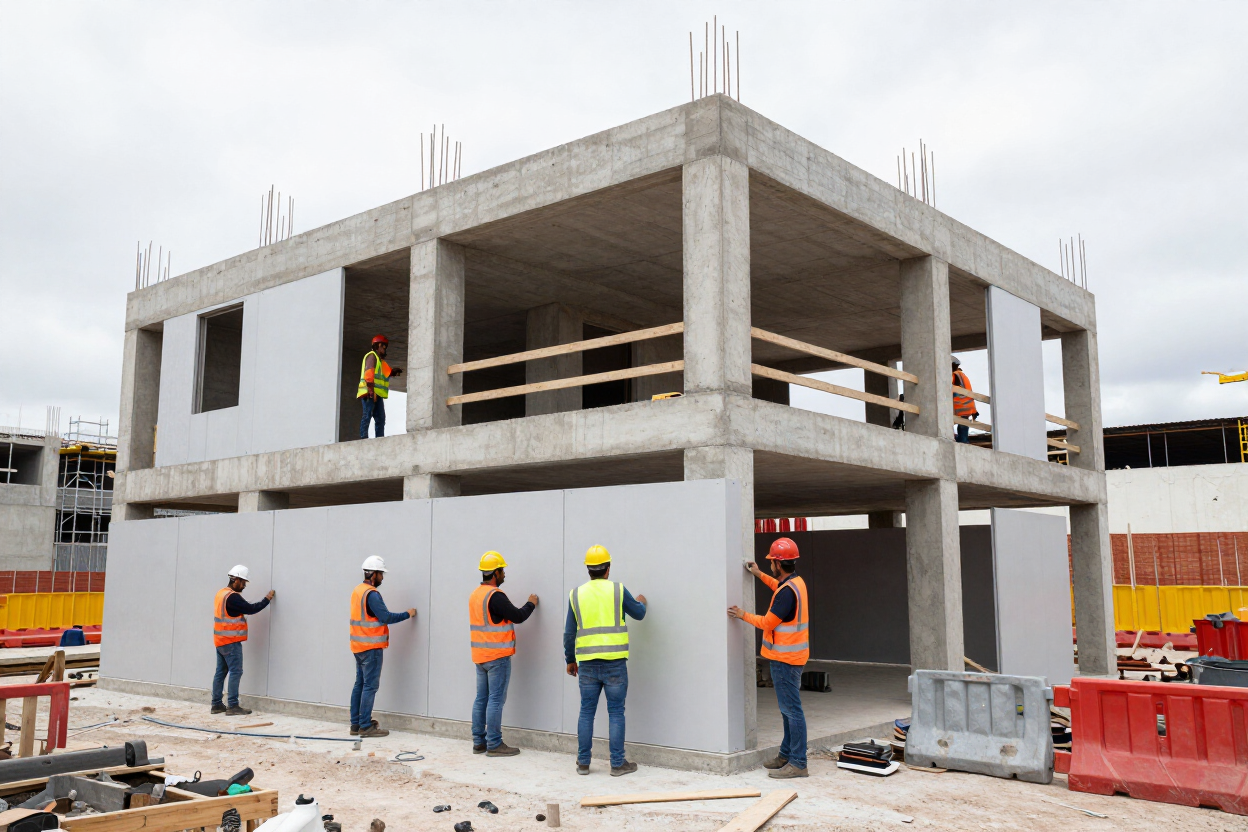 Obreros de la construcción sobre la estructura de hormigón de un edificio en una obra, con chalecos de seguridad y cascos.