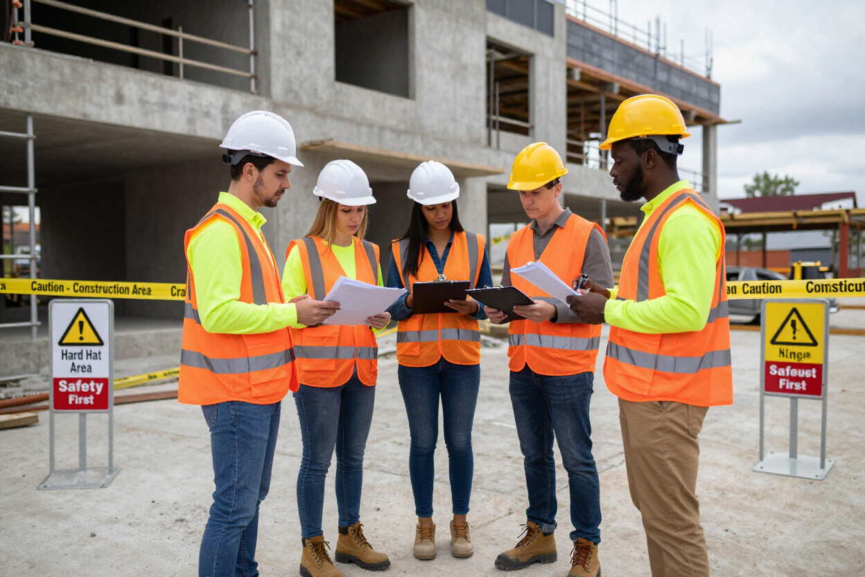 Obreros de la construcción con cascos revisan planos en una obra en construcción con barreras de seguridad.