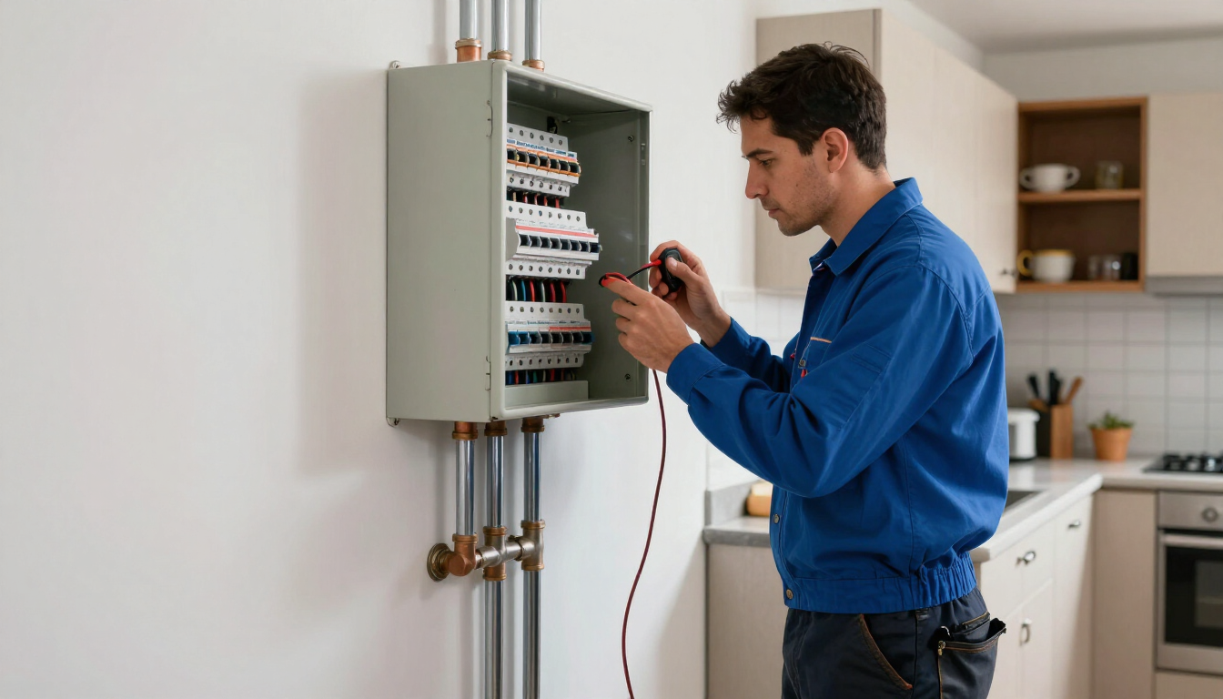 Técnico probando un panel de interruptores eléctricos con un multímetro en un cuarto de servicio de una vivienda.