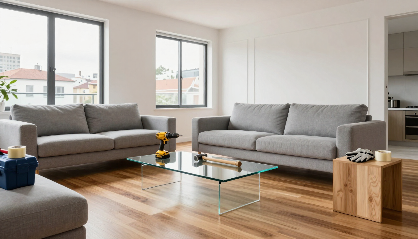 Salón moderno con dos sofás grises, mesa de centro de cristal, suelos de madera y grandes ventanales con vistas a la ciudad.