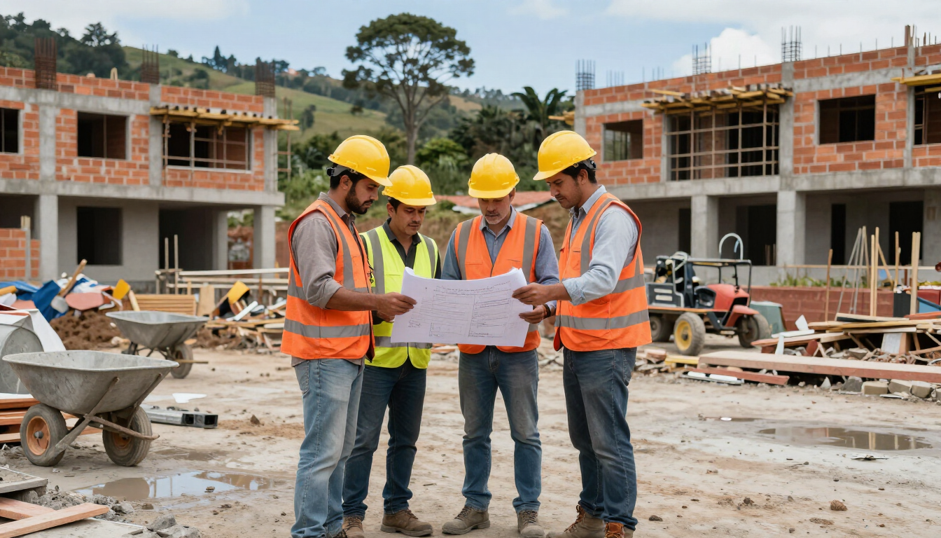 Obreros de la construcción con cascos revisando planos en una obra.