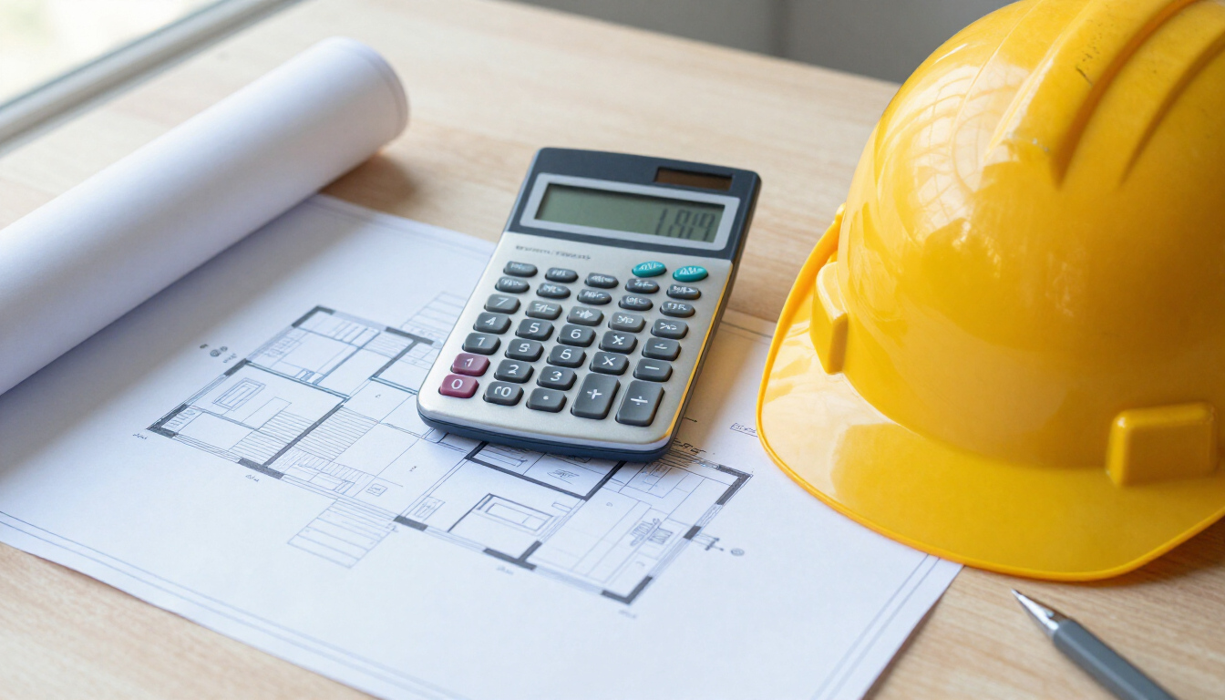 Calculadora y casco amarillo sobre planos arquitectónicos junto a un plano enrollado.