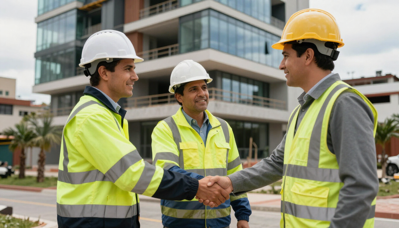 Tres obreros de la construcción con cascos y chalecos de seguridad se dan la mano frente a un edificio moderno.