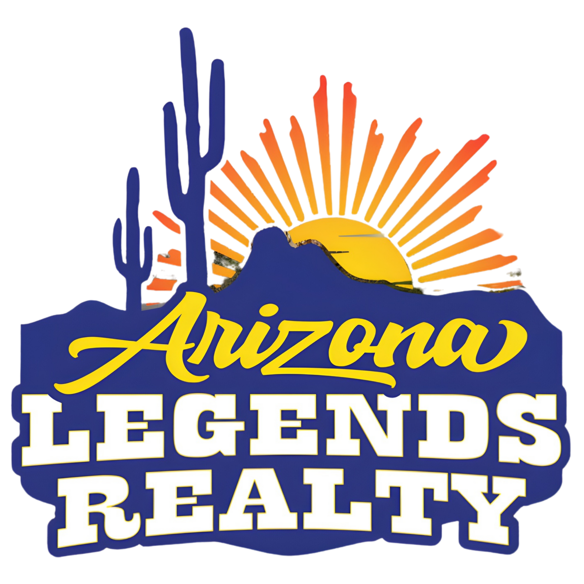 Arizona Legends Realty logo: desert landscape with a rising sun and cacti. Text overlay in blue and gold.