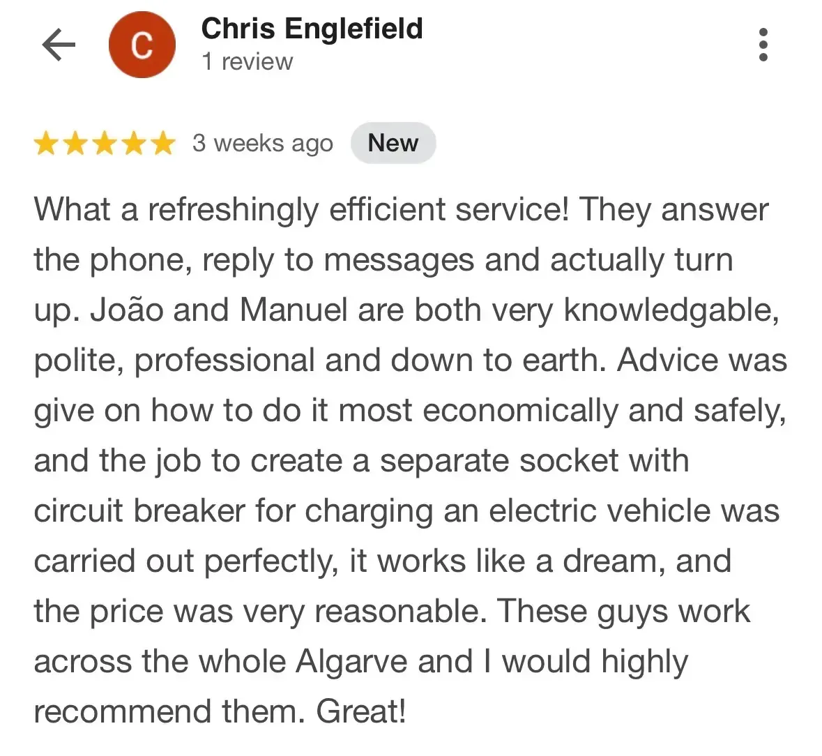5 star Google review for Algarve Electric