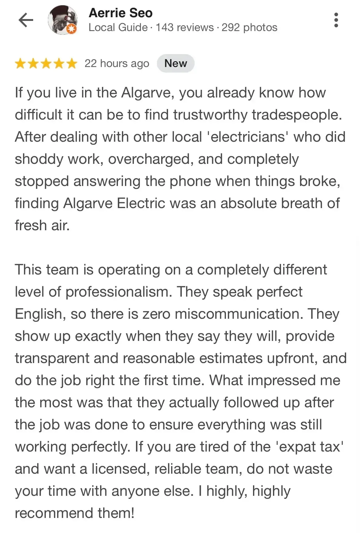 5 star Google review for Algarve Electric