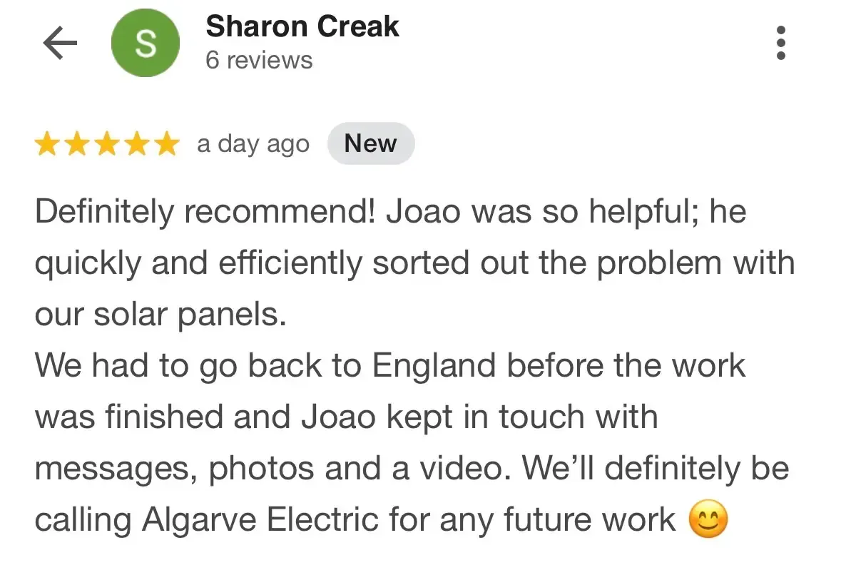 5 star Google review for Algarve Electric