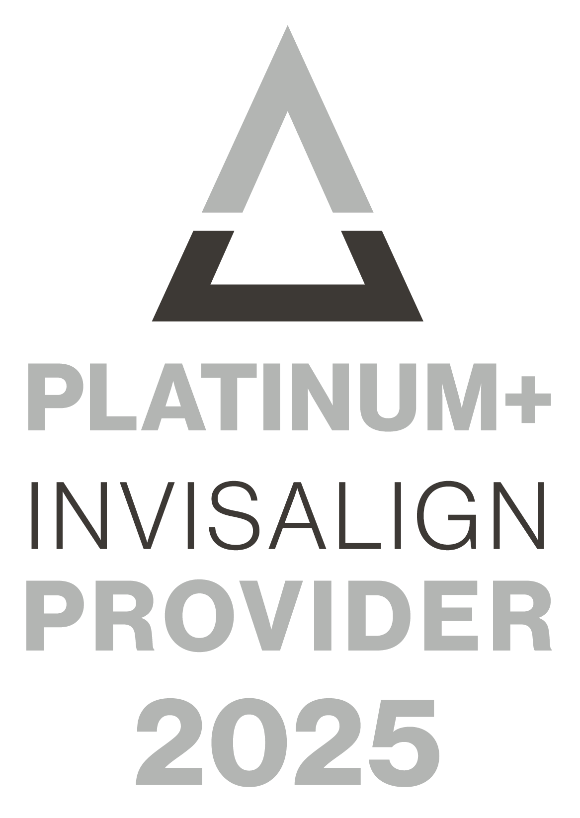 Platinum+ Invisalign Provider 2025 logo with gray geometric icon and text