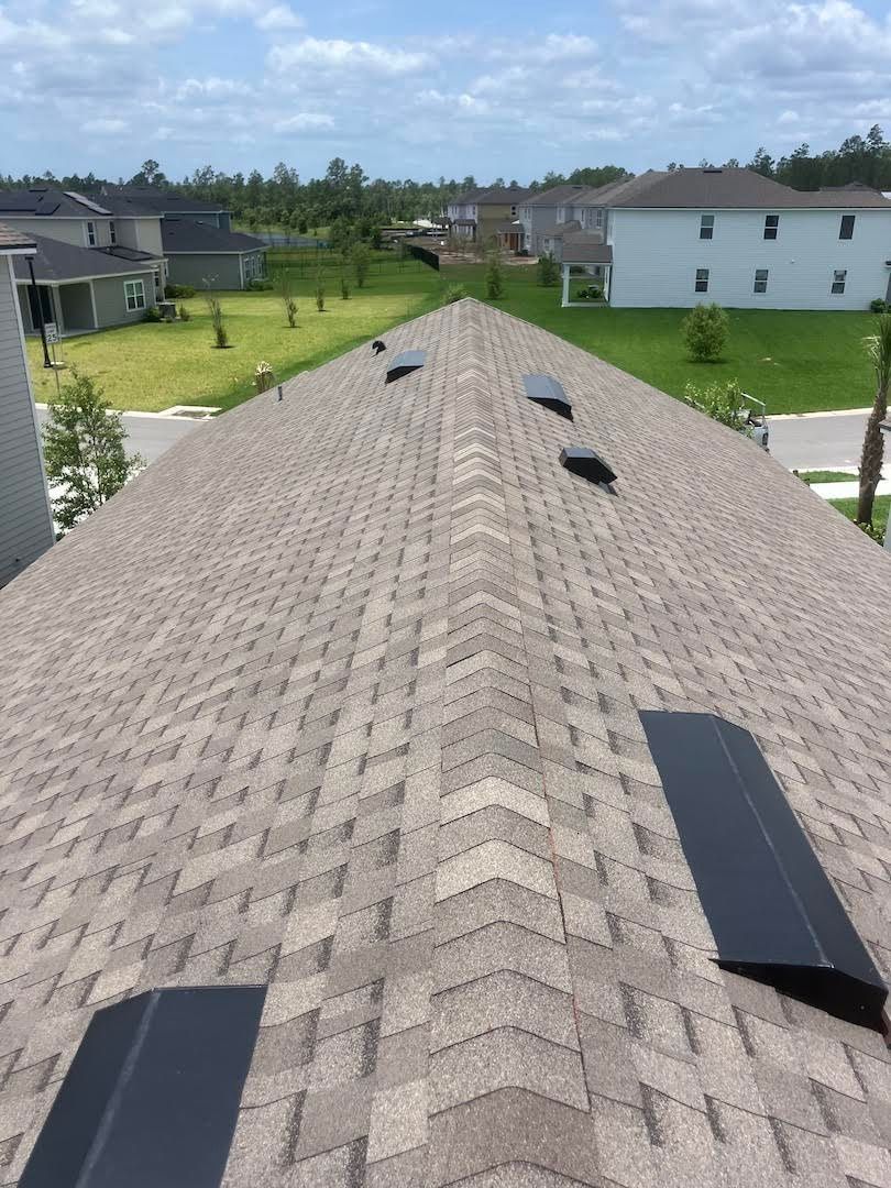 Rooftop view of a suburban neighborhood with gray shingles and solar panels under a cloudy sky