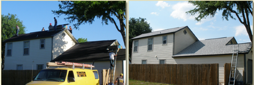 Side-by-side house exterior before and after renovation, with the right side freshly painted gray and new roof.