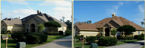 Two side-by-side photos of a beige house with a brown roof and green hedges in daylight