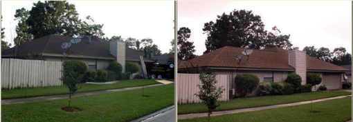 Split view of a house and lawn before and after renovation, showing new roof and exterior paint