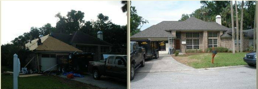 Split-view of a house before and after landscaping, showing a dark overgrown yard and a bright paved driveway with flowers