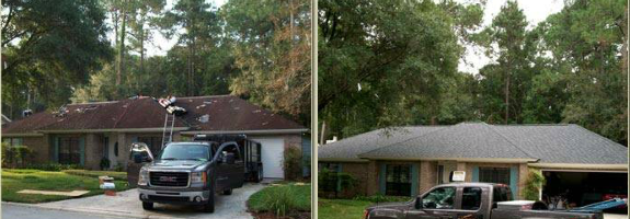 Split-screen view of a house and driveway before and after roof replacement, with vehicles parked outside