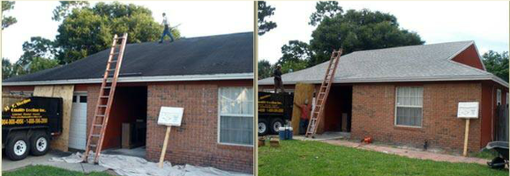 Brick house with two ladders leaning against the roof, showing before-and-after siding repair in the yard.