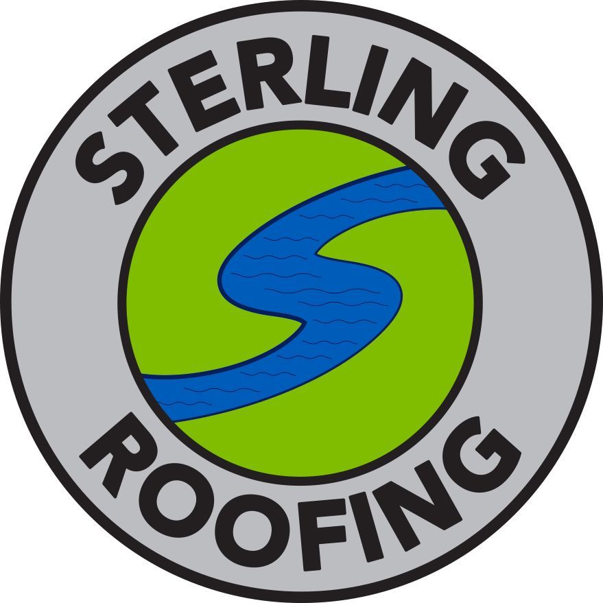 Sterling Roofing logo with black text around a green circle and blue S-shaped roof design