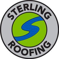 Sterling Roofing logo with black text around a green circle and blue S-shaped roof design