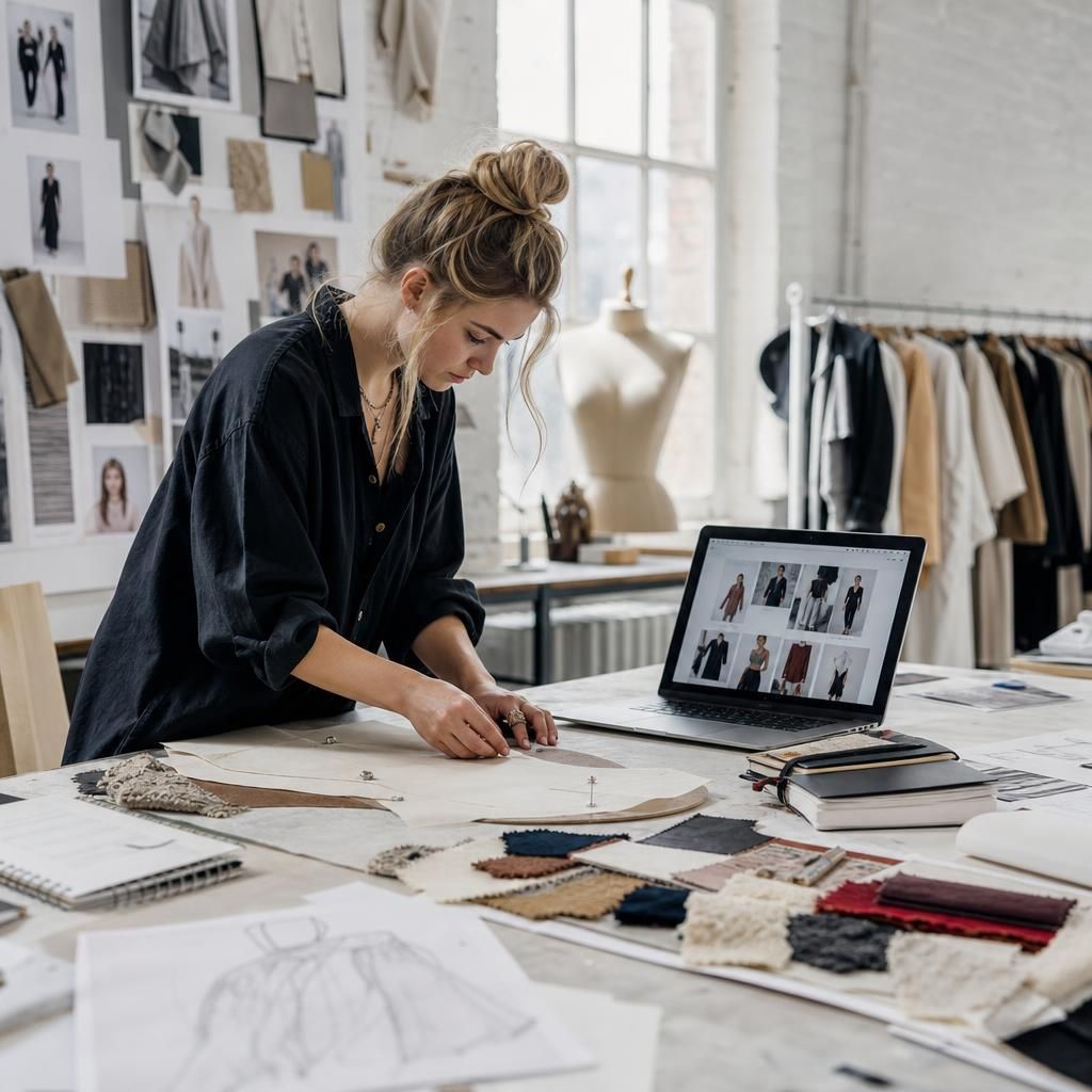 Fashion student working on designs in London studio