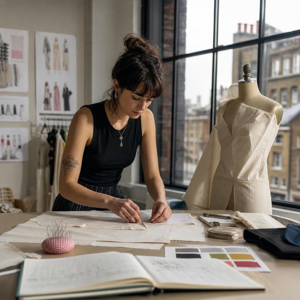 Fashion student pinning pattern pieces in a London studio