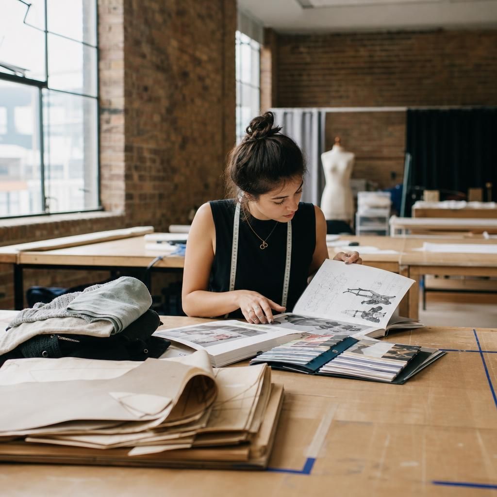Fashion student comparing school brochures in a London studio
